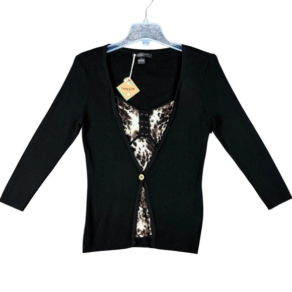 august silk Sweaters - NEW August Silk Women's M Black Ribbed Cardigan Leopard Print Lace Up 2-in-1 Top